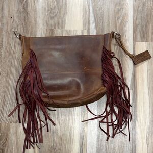 Stylish Brown Leather Shoulder Bag with Fringe